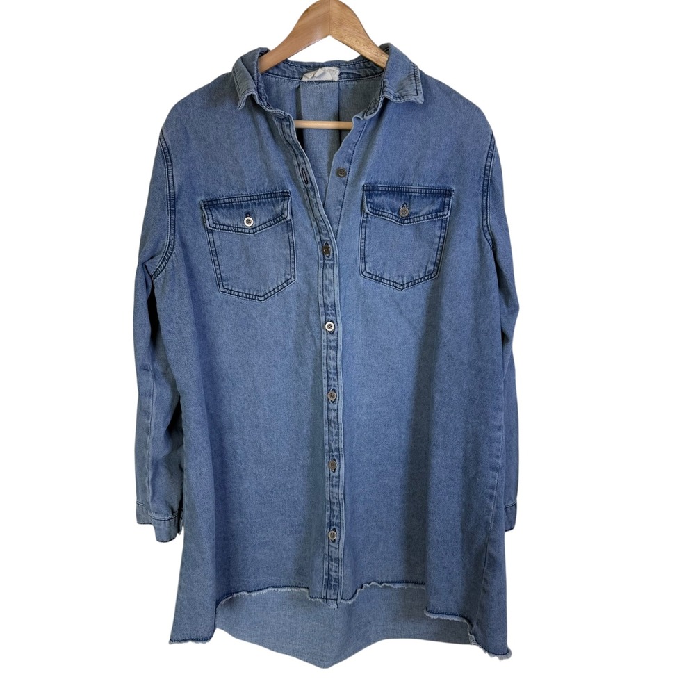 Umgee Denim Tunic Shirt Womens Small Blue Good Raw Hem High Low Long Sleeve